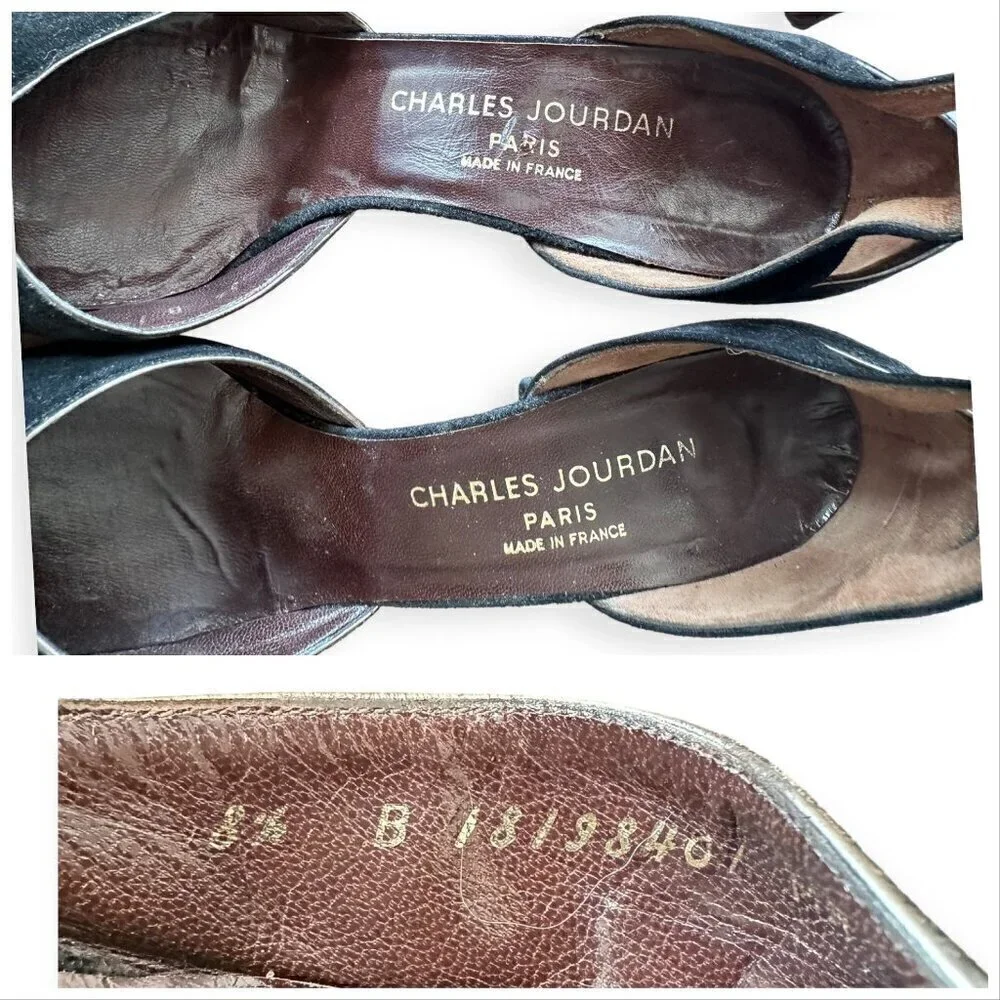 Vintage Charles Jourdan Black Suede Ankle Strap Pumps,  Size 8 1/2